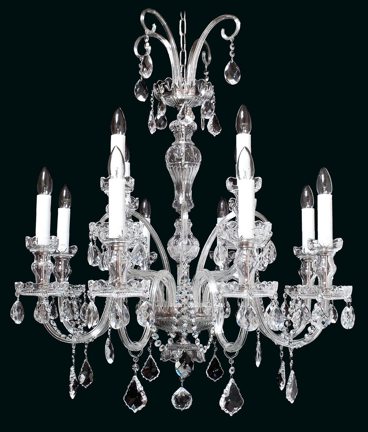 Luminaire suspendu complet, guirlandes de cristal et bougies factices, présentation produit