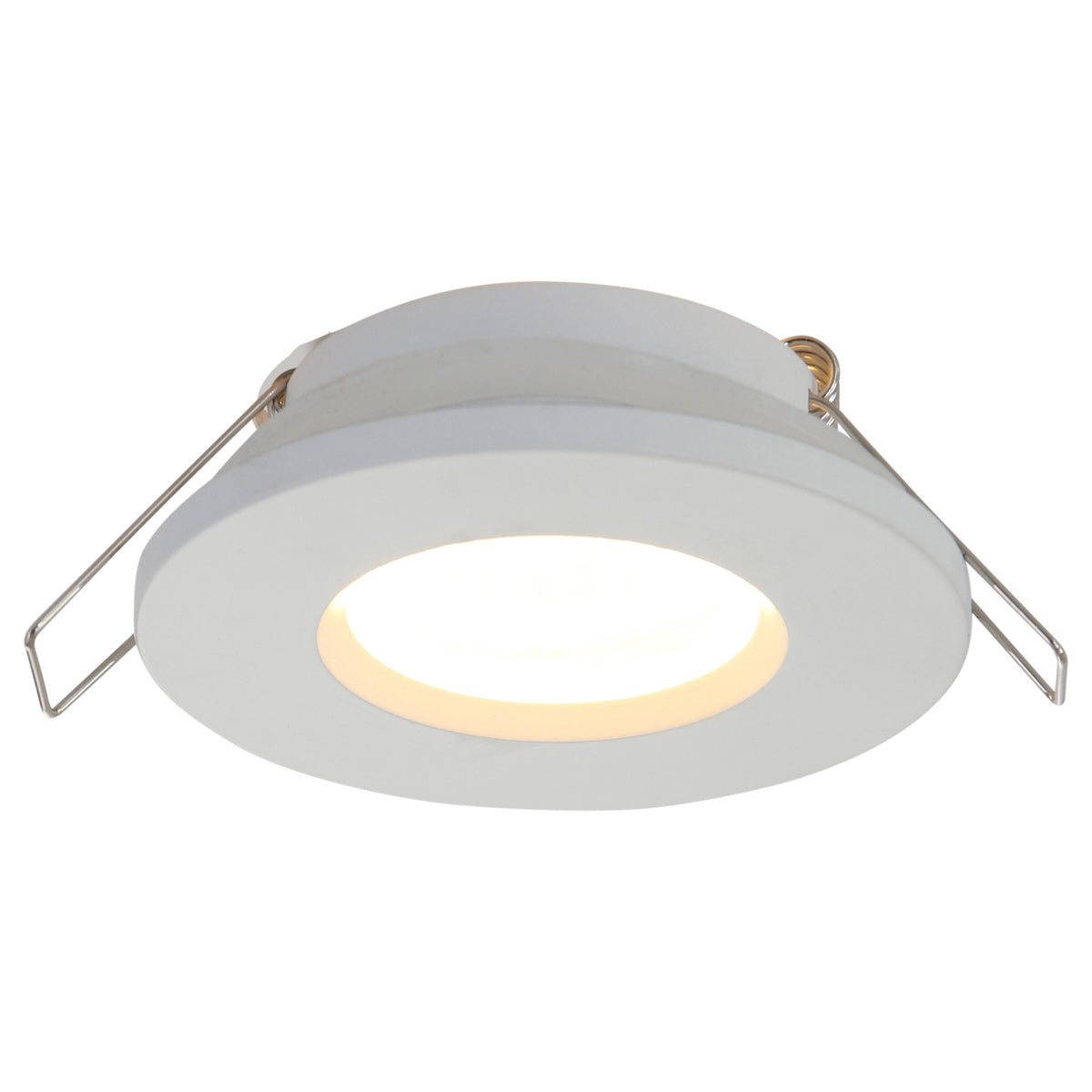 Vue de trois quarts du spot blanc allumé, halo chaud et clips métalliques apparents