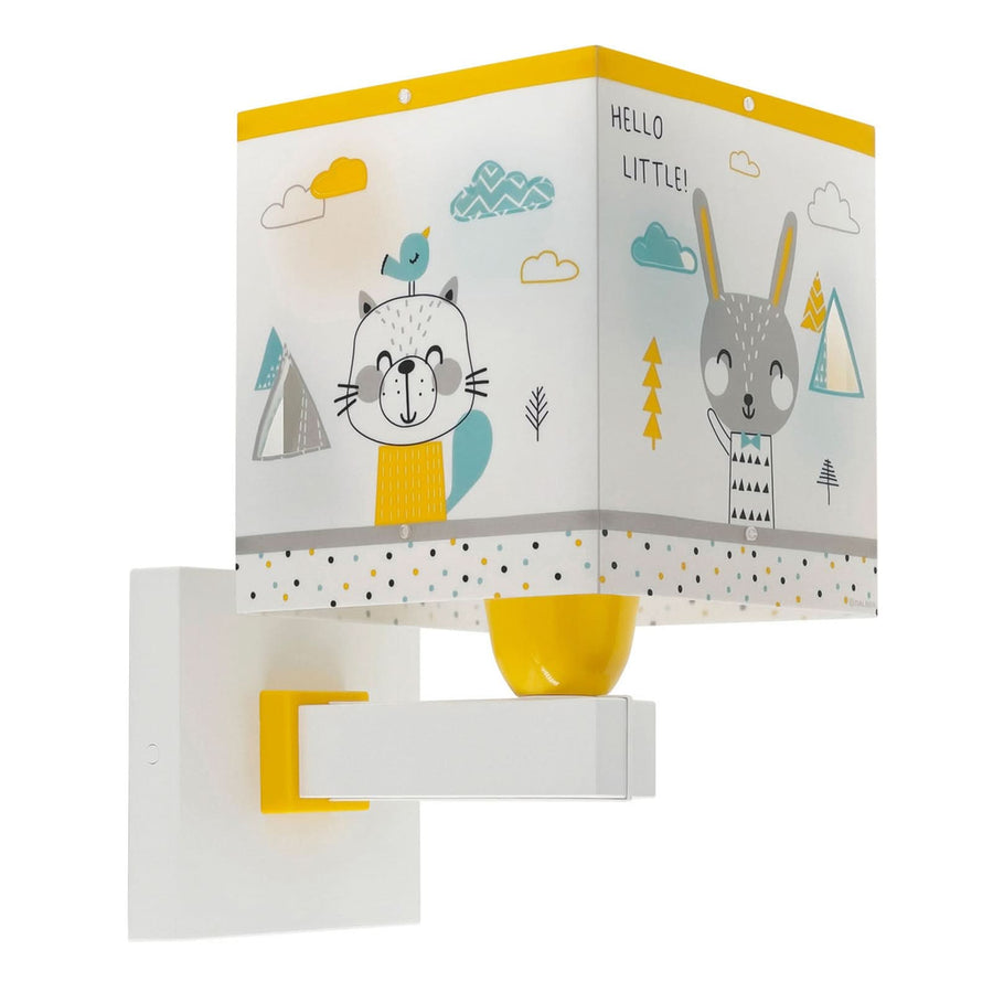 Vue de face éteinte, abat-jour carré illustré d’un chat et d’un lapin.