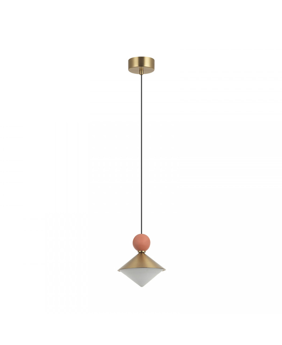 Produit seul de face sur fond blanc, cône laiton, sphère terracotta et rosace plafond