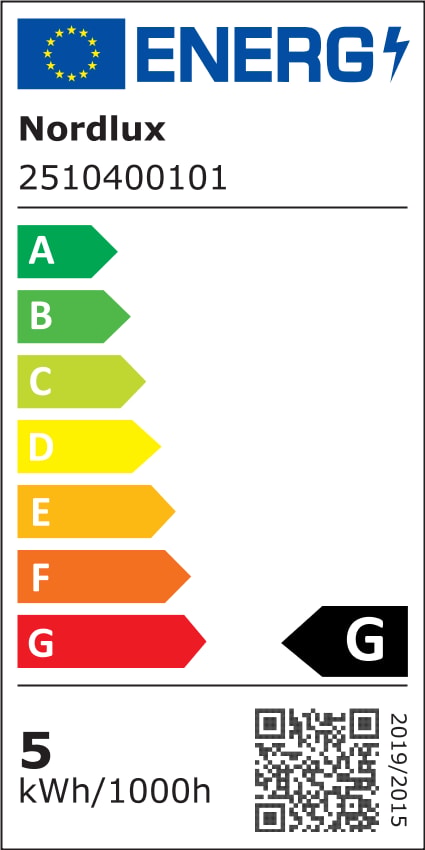 Étiquette énergie européenne classe G, consommation cinq kWh pour mille heures.