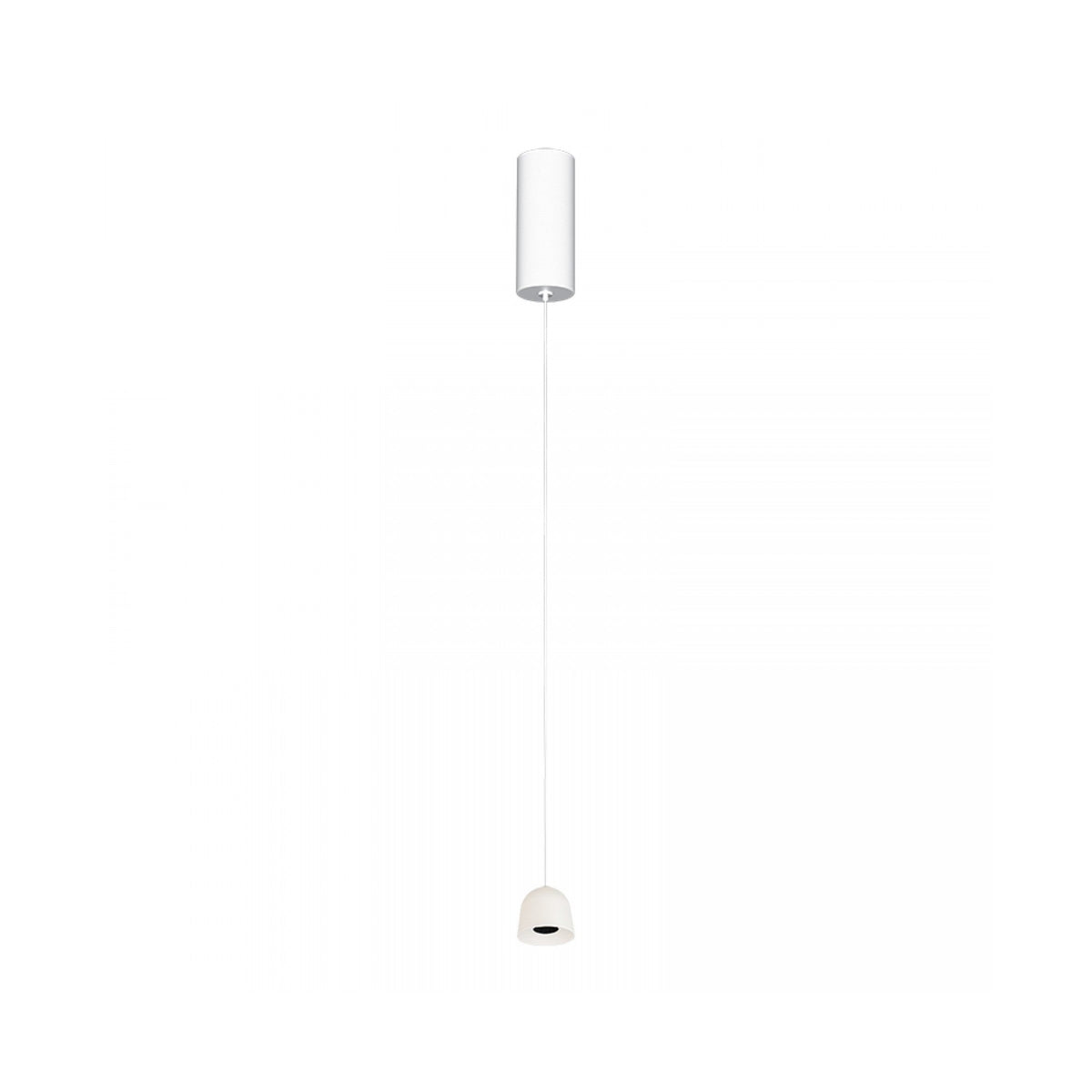 Suspension blanche présentée de face, câble tendu et abat-jour bas en forme de dôme.