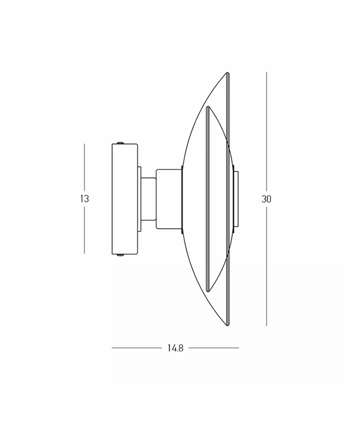 Schéma de dimensions indiquant un diamètre de 30 cm et une profondeur de 14,8