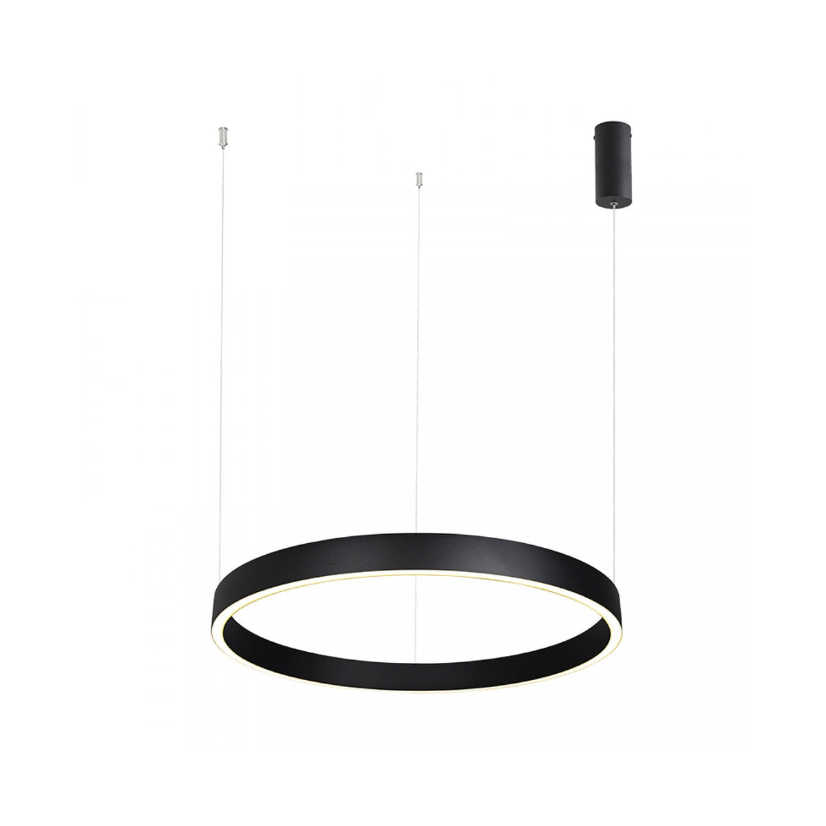 Autre angle du luminaire suspendu, anneau noir et diffuseur blanc en bas.