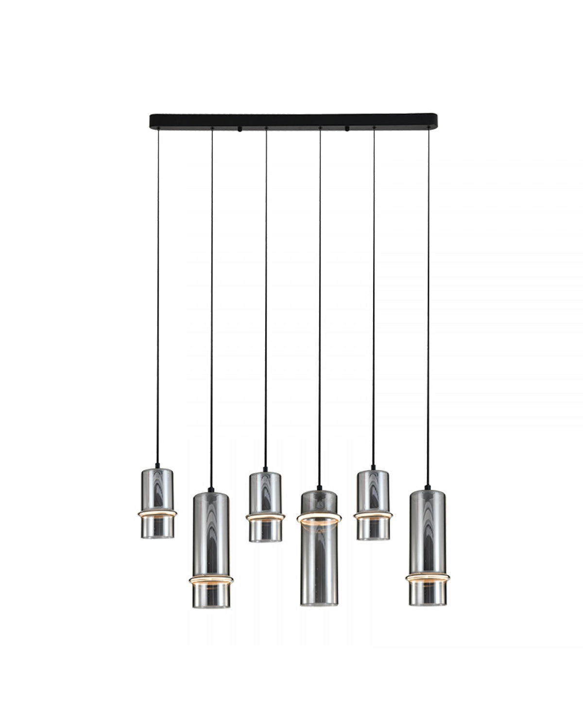 Détail des six diffuseurs cylindriques en verre fumé avec liseré doré lumineux