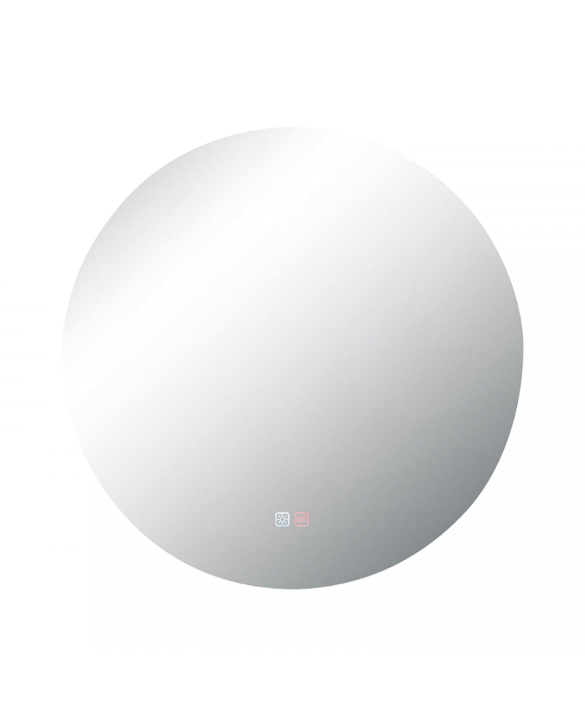 Second plan large du miroir rond allumé dans une niche de salle de bain beige.