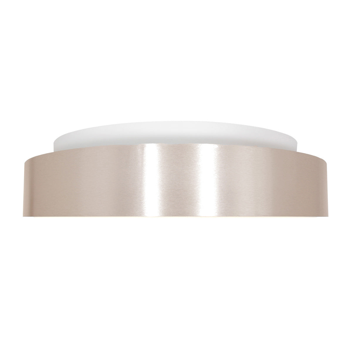 Détail de profil du luminaire, bord métallique brossé et épaisseur du diffuseur blanc.