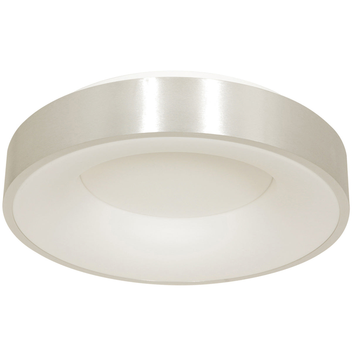 Autre angle du plafonnier éteint, rebord argenté et verre laiteux blanc uniforme.