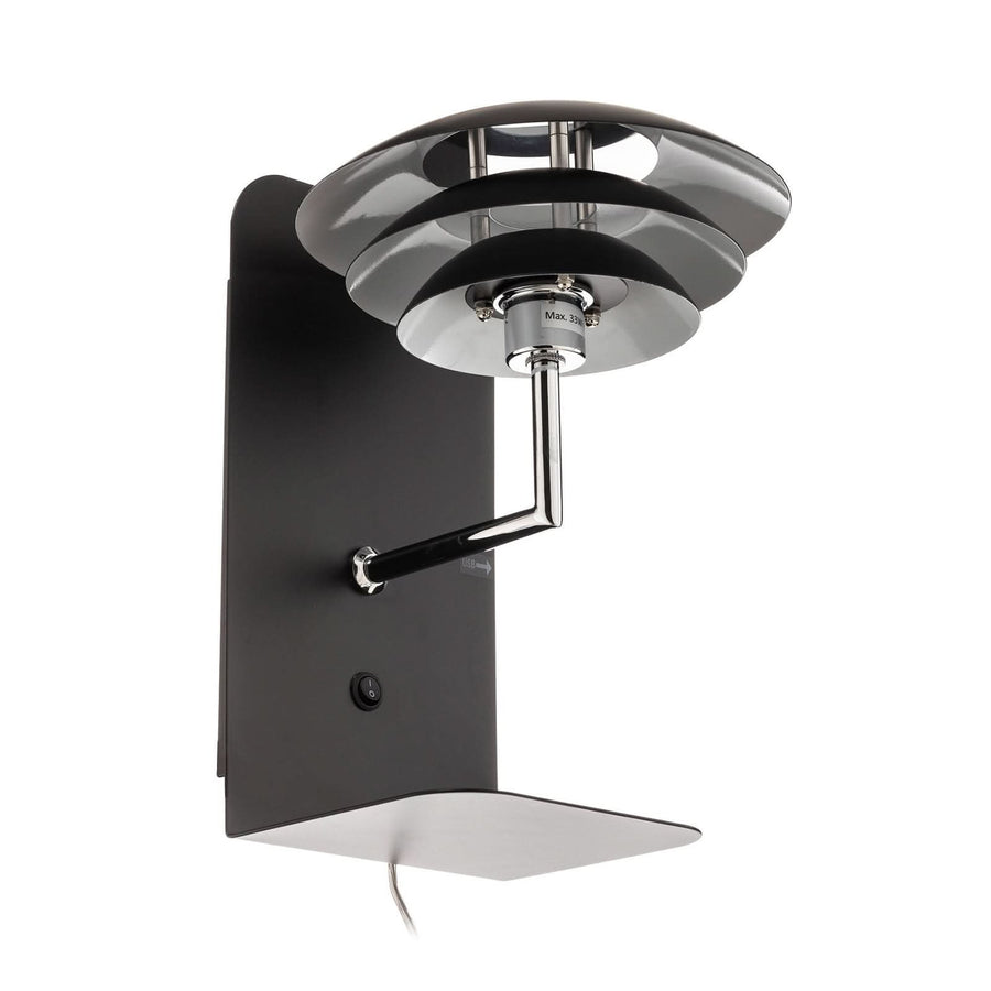 Applique murale DL20 USB Shelf en métal, noir, hauteur 28 cm