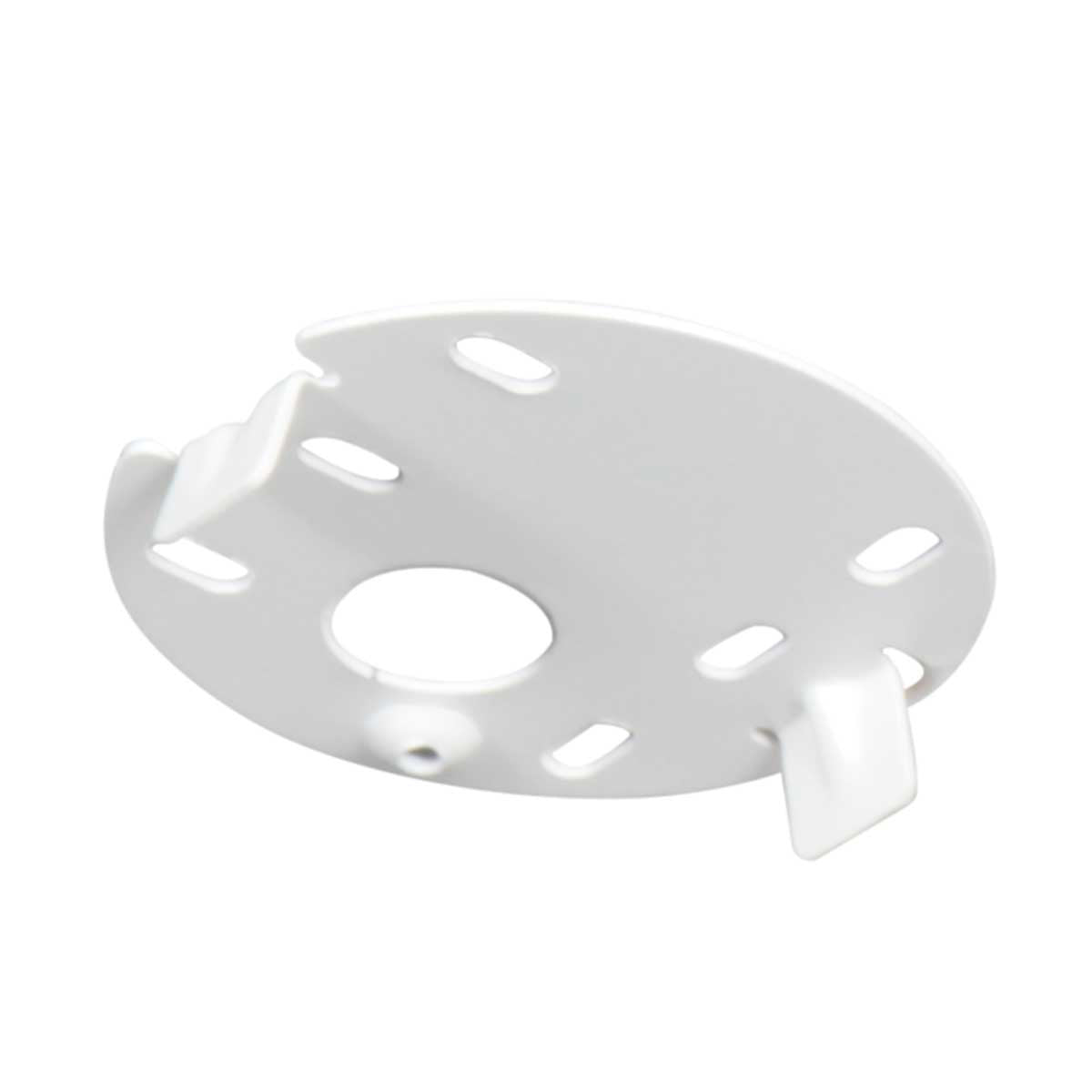 Détail de la platine de fixation circulaire blanche avec trous de vissage.