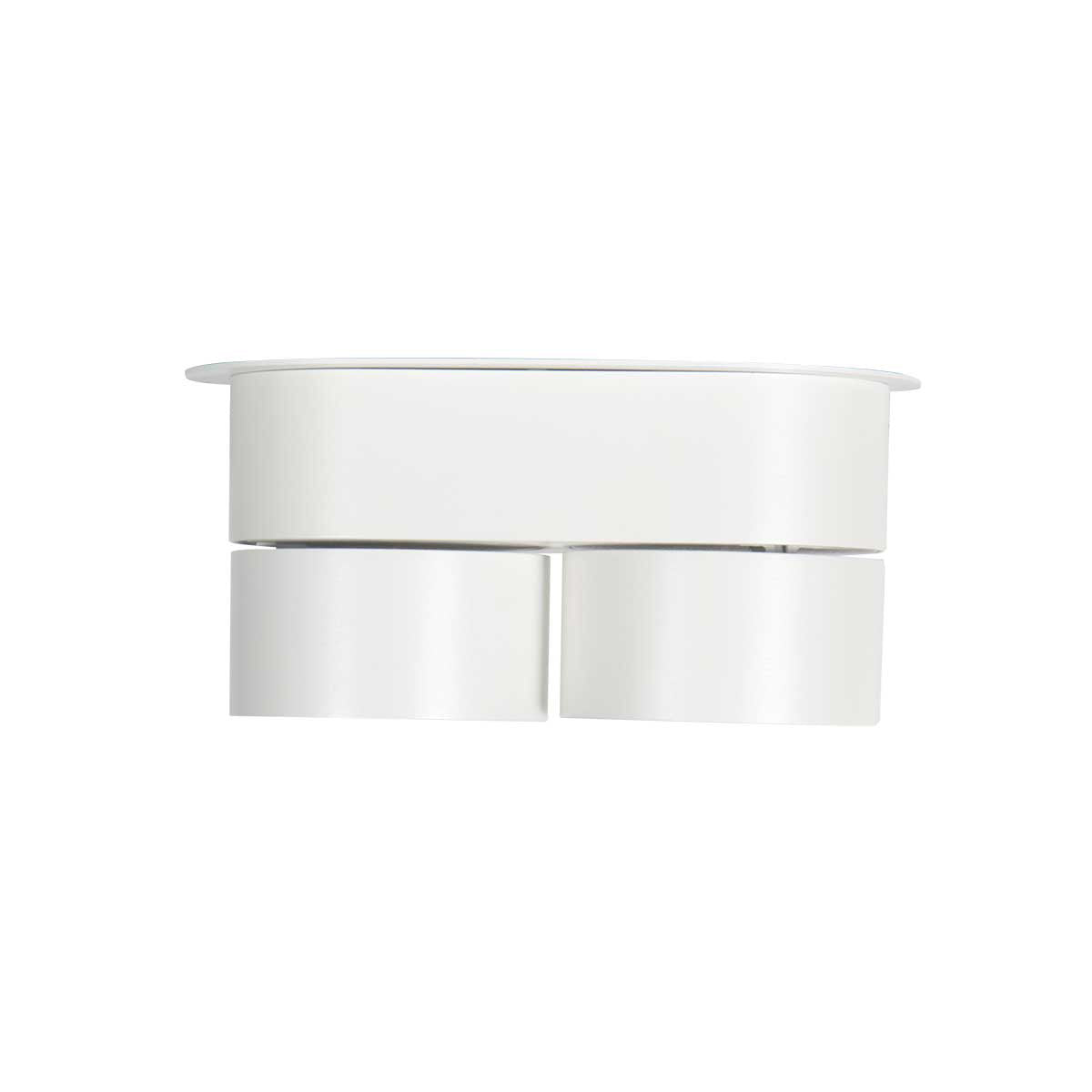 Vue de profil du luminaire, base plate et corps cylindrique blanc brillant