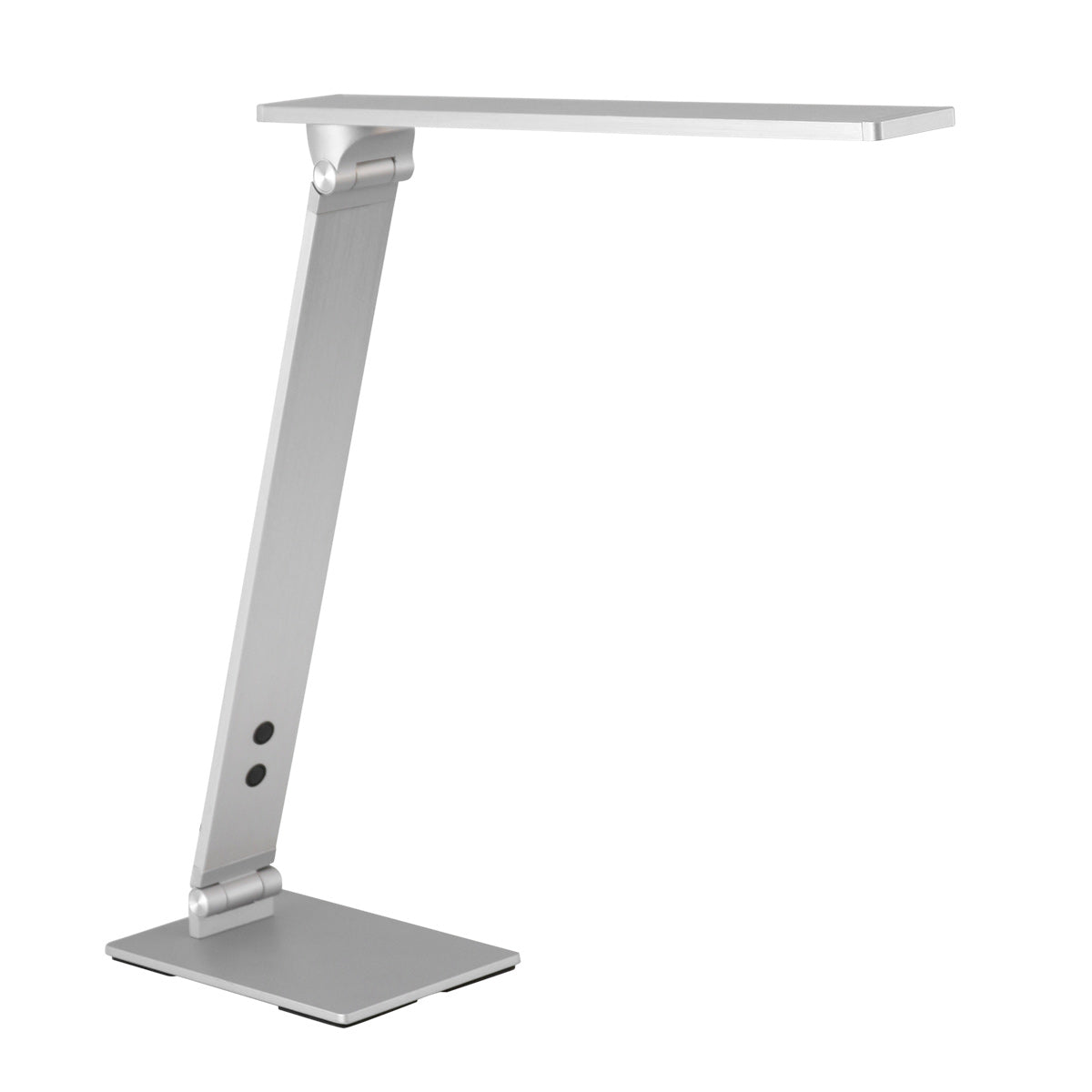 Vue en perspective de la lampe, tête rectangulaire inclinée et socle plat.
