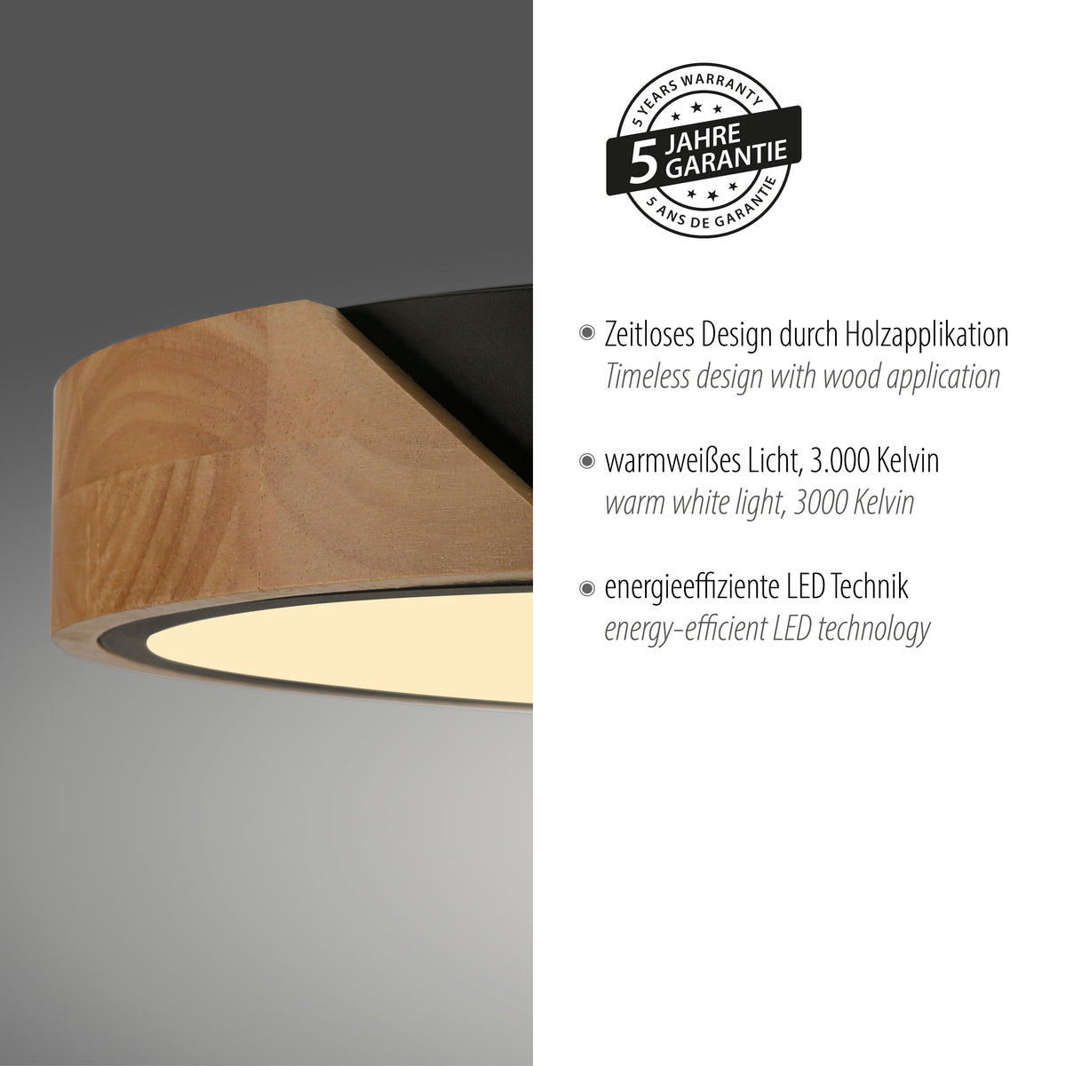 Gros plan du luminaire accompagné du badge de garantie cinq ans