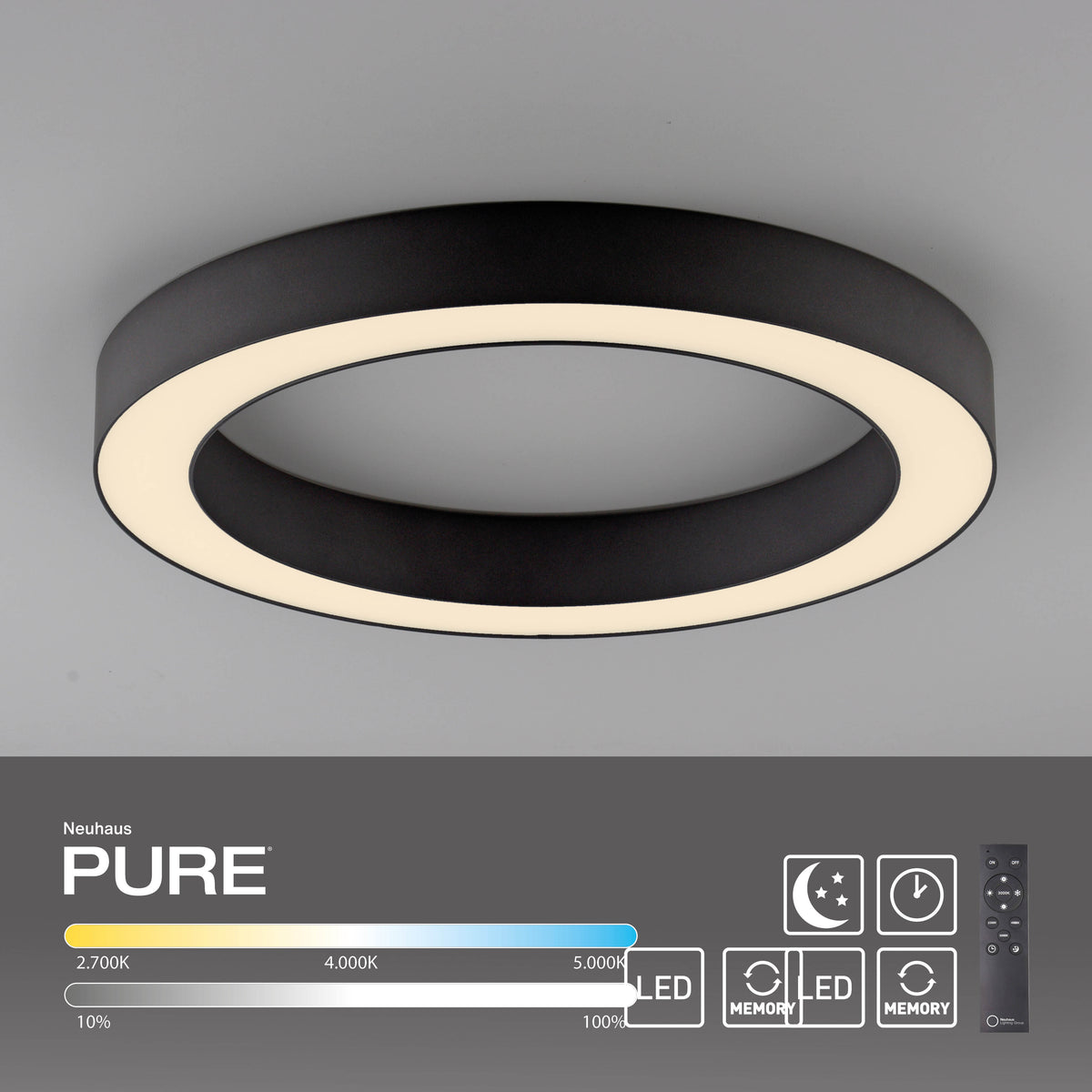 Luminaire installé au plafond avec télécommande, variateur et température de couleur réglable
