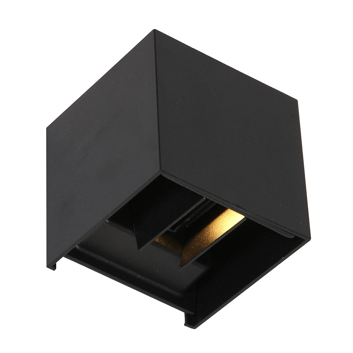 Détail du bloc optique noir, réflecteur doré incliné et cloison centrale.