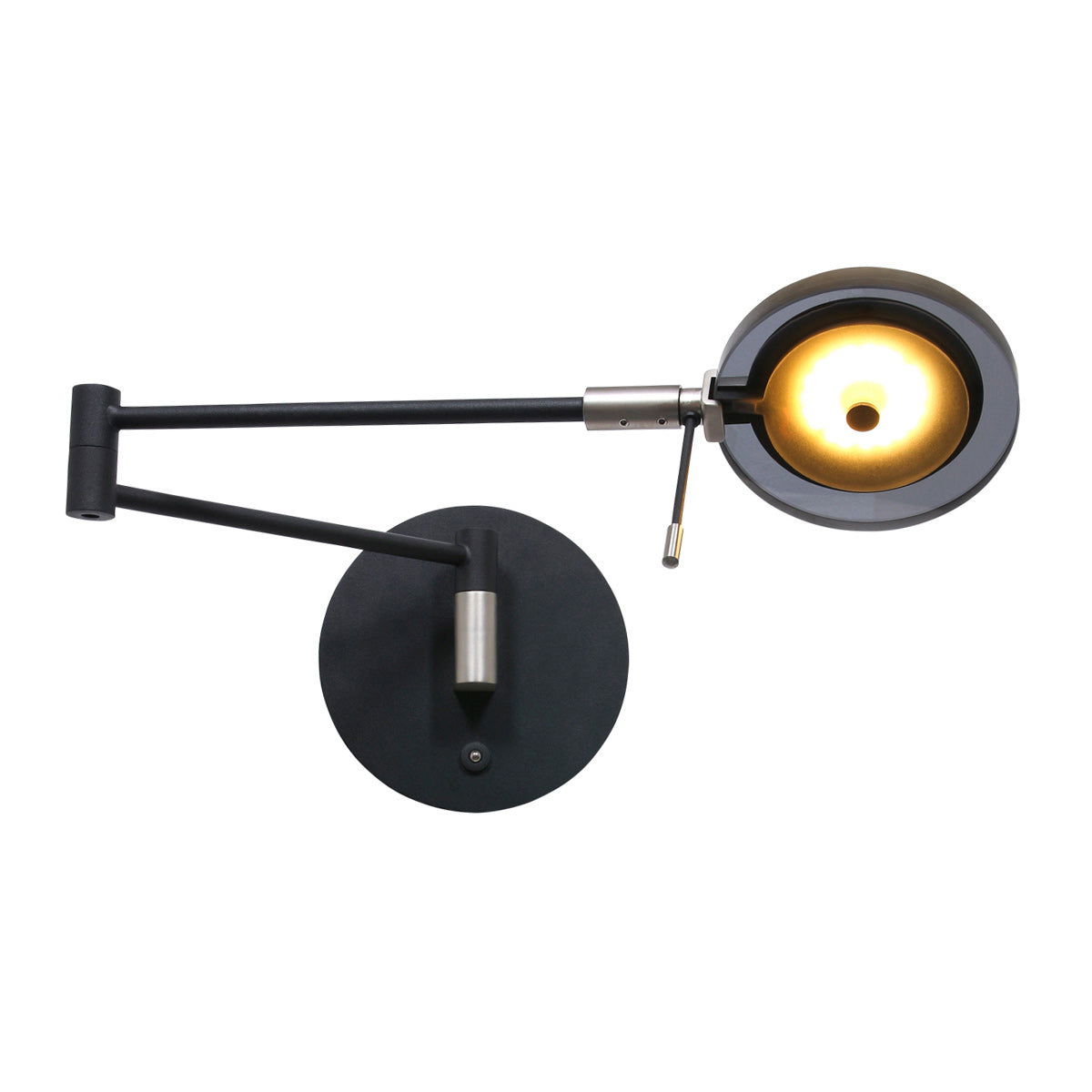 Luminaire incliné vers le haut, diffuseur rond éclairé et tige de réglage visible
