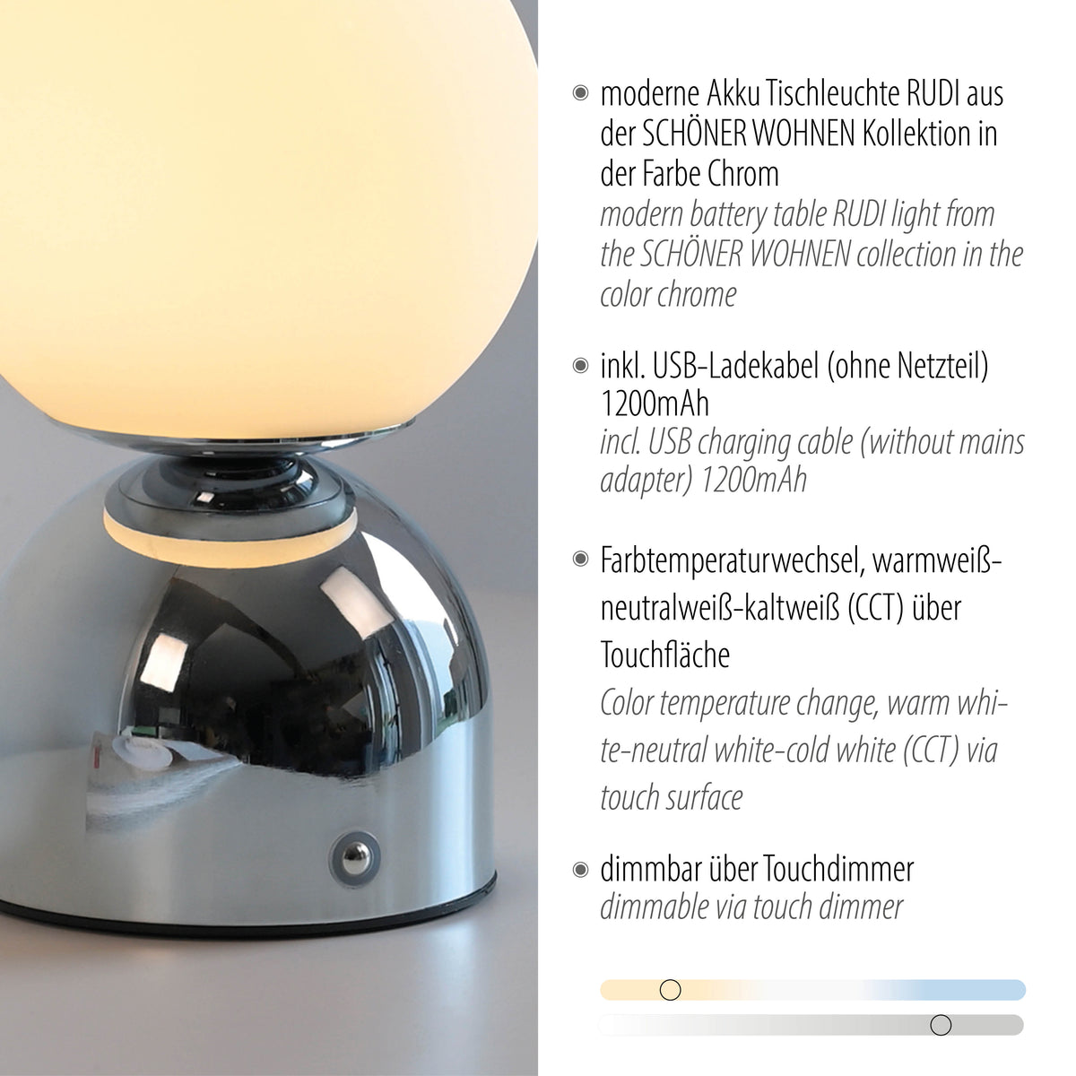 Gros plan du socle chromé avec texte sur charge USB, batterie et variateur tactile