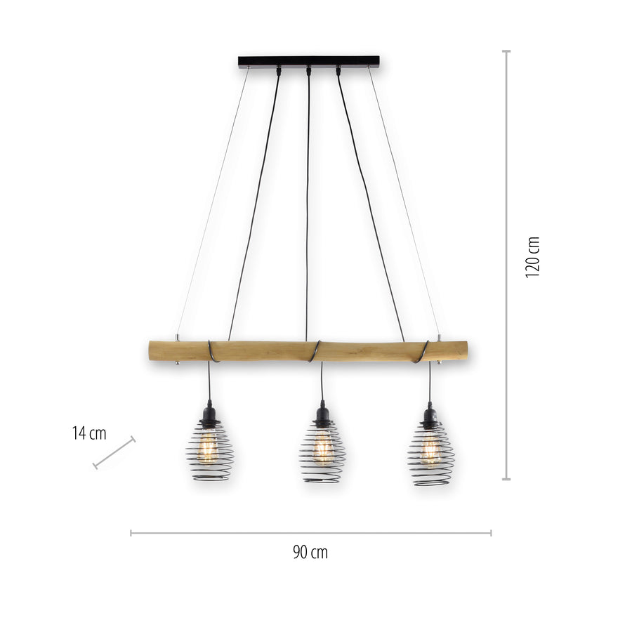 Suspension Spring 3 lumières noire et bois