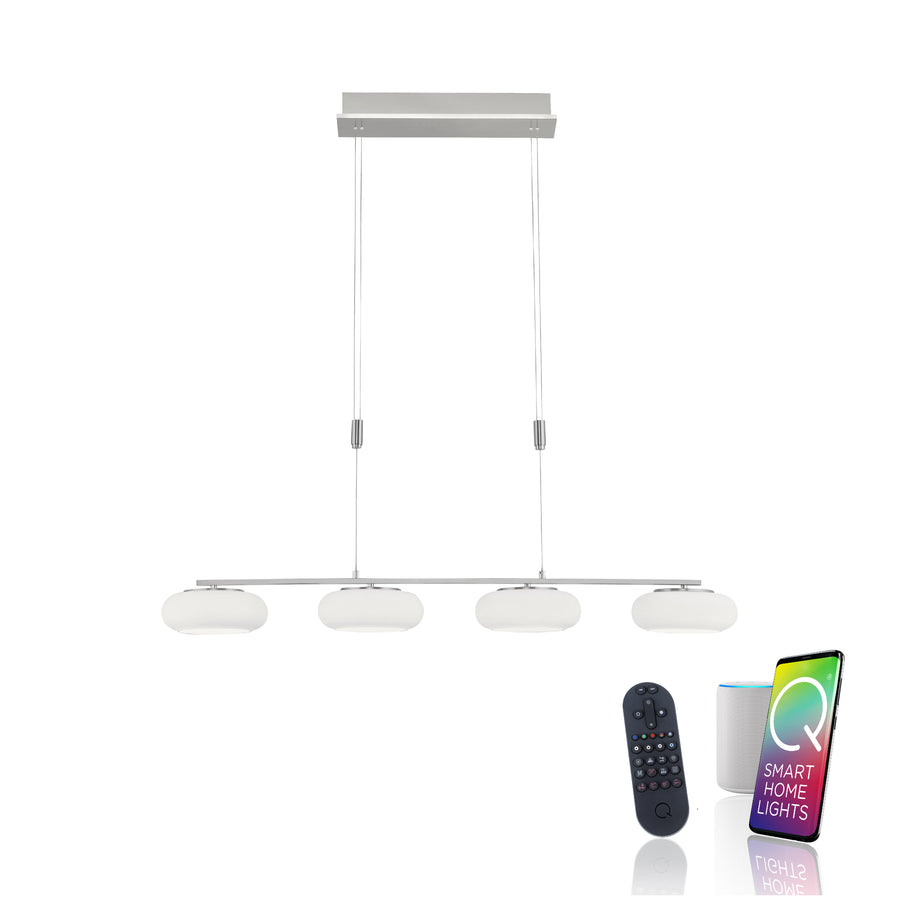 Suspension présentée avec télécommande, enceinte connectée et application de contrôle.