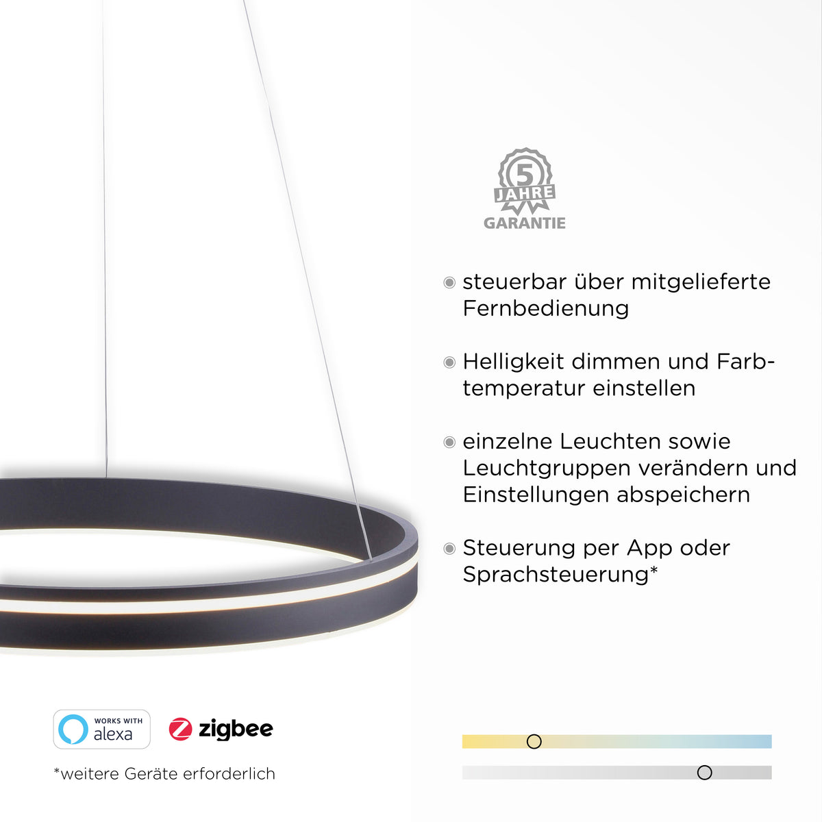 Détail des fonctions : compatibilité Zigbee, Alexa, variateur et température de couleur réglable.