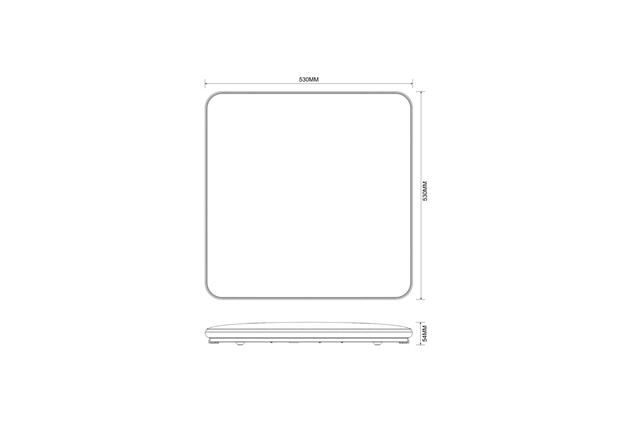Schéma technique coté d'un plafonnier carré de 530 mm de côté et 45 mm d'épaisseur.