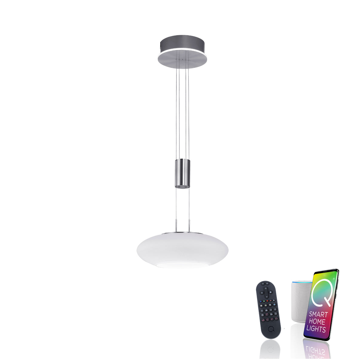 Suspension connectée présentée avec télécommande, enceinte et application Smart Home Lights