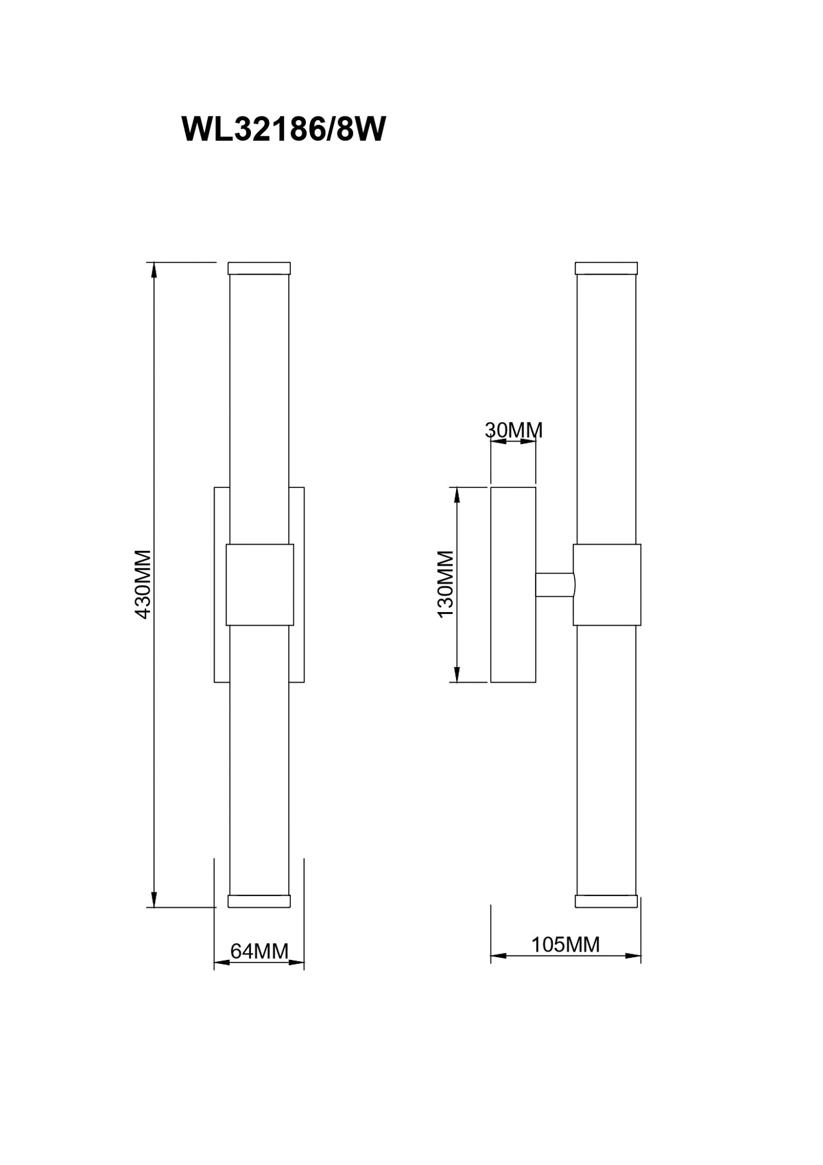 Schéma technique coté du luminaire avec hauteur 430 mm et profondeur 105 mm