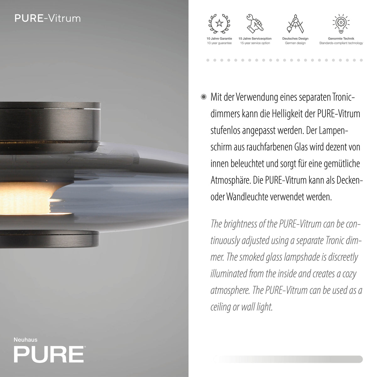 Détail du luminaire avec icônes de garantie et design allemand
