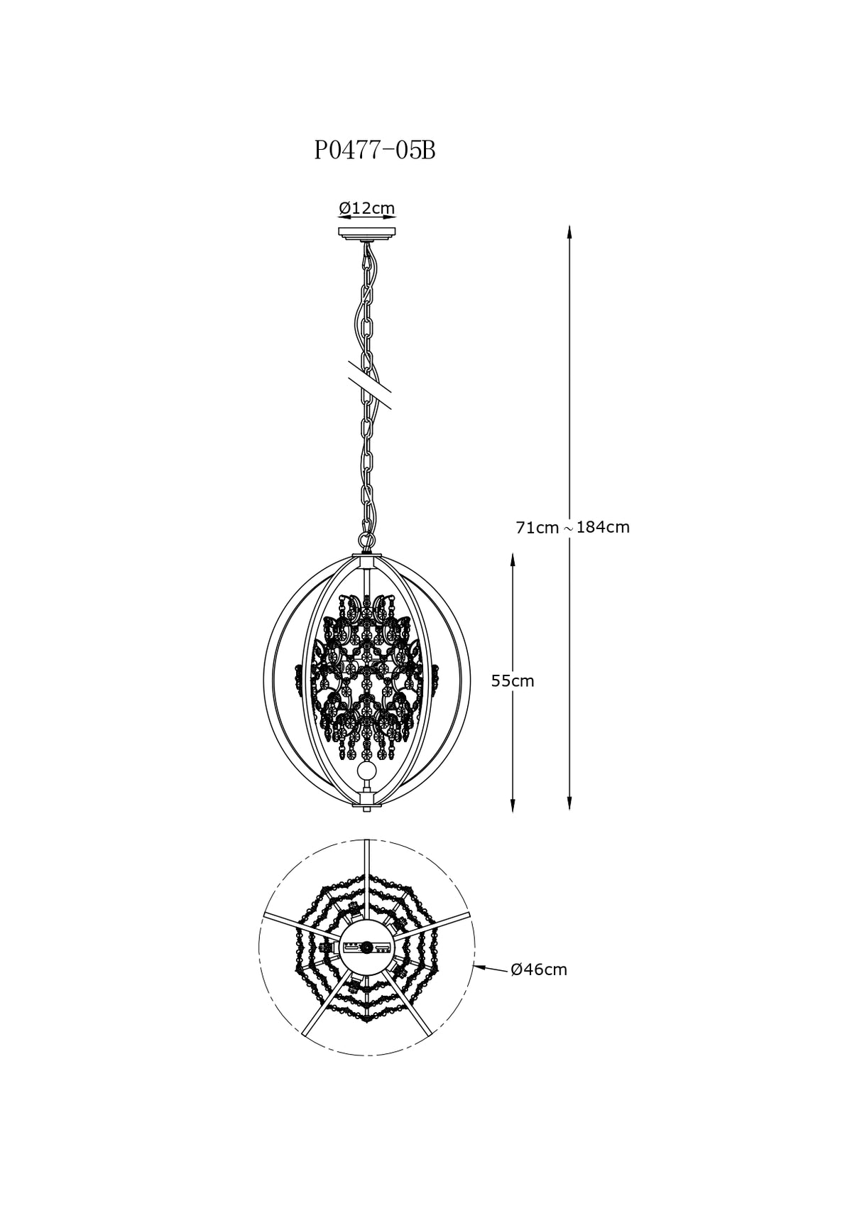 Schéma technique avec hauteur réglable de 71 à 184 cm et diamètre de 46 cm