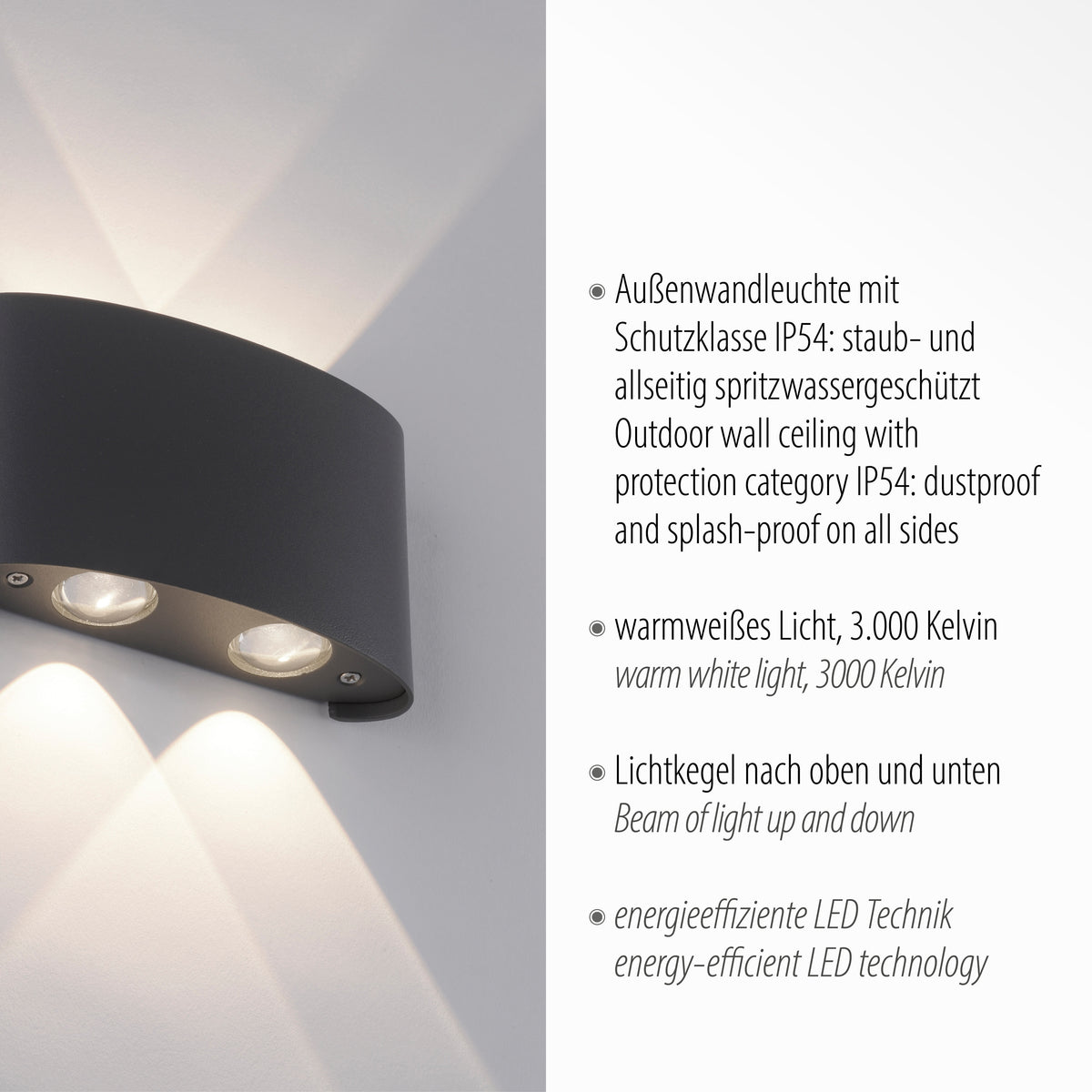 Visuel technique détaillant protection IP54, lumière chaude 3000 K et faisceaux haut-bas