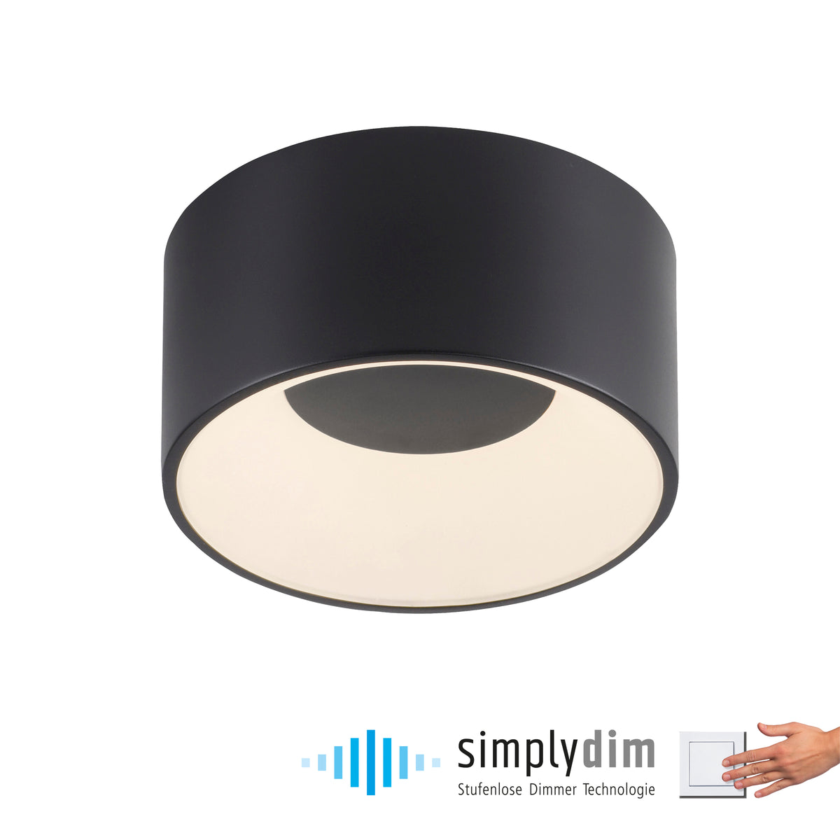 Vue plongeante du plafonnier noir avec logo simplydim et main actionnant un interrupteur mural