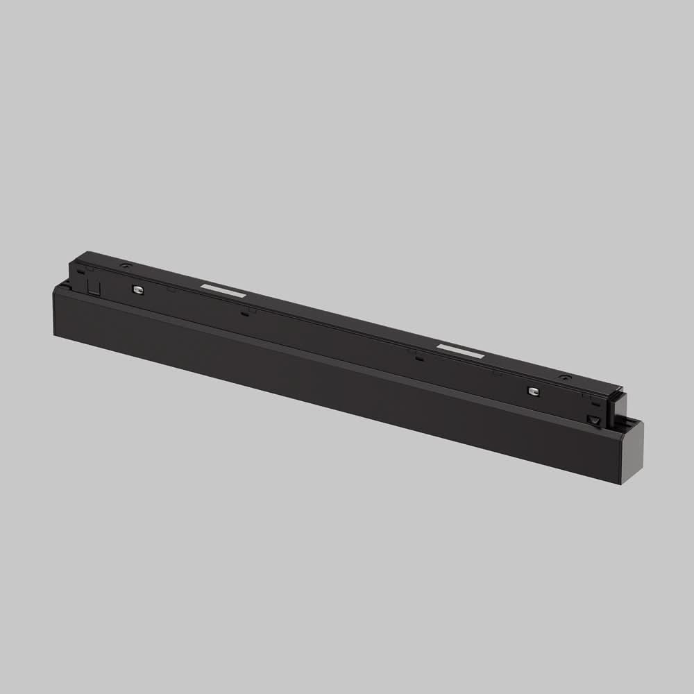 Profil arrière noir du luminaire, rails de fixation et connecteurs électriques visibles