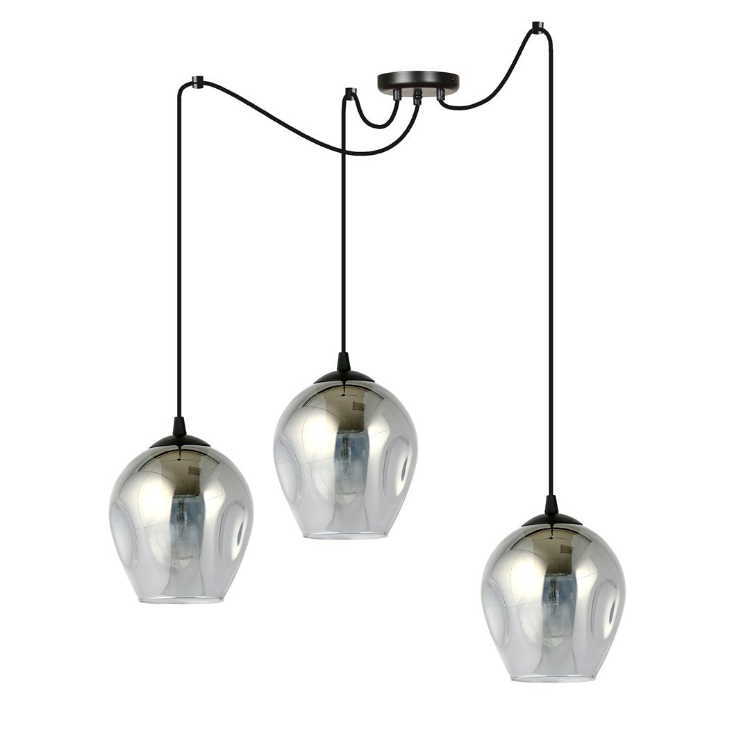 Vue de face éteinte, trois globes de verre fumé aux reflets argentés suspendus