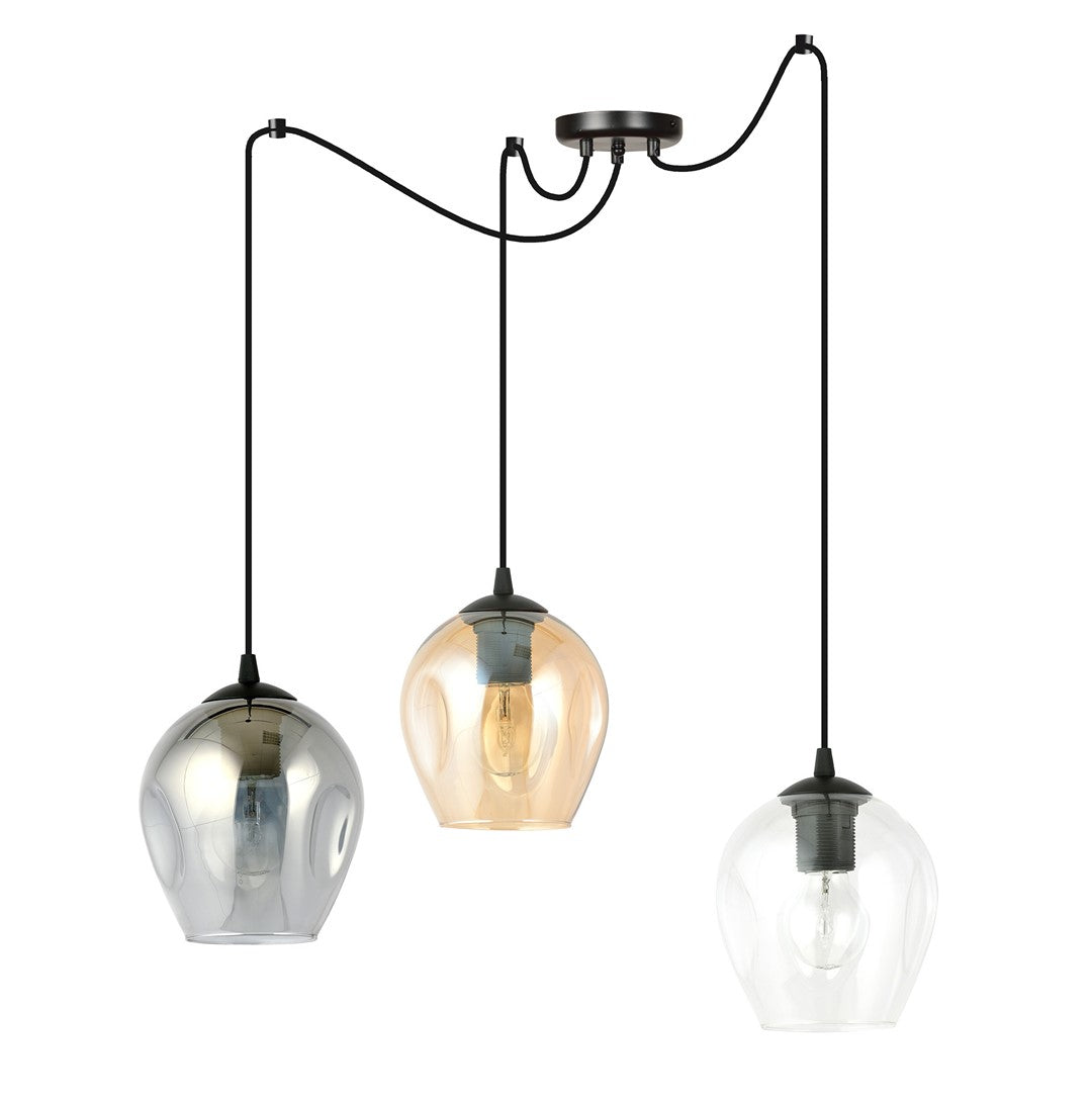 Vue de face des trois globes en verre, ampoules allumées, finition noire mate.