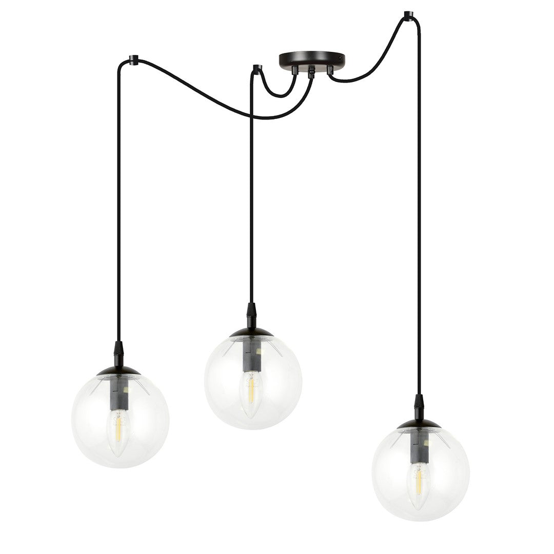 Suspension Gigi 3 lumières noire, verre transparent