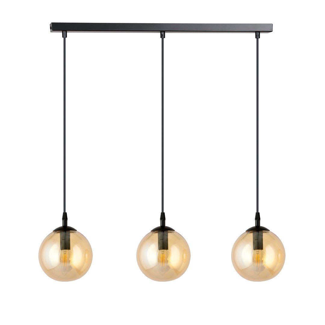 Même luminaire sur fond blanc, sphères ambrées et ampoules filament visibles