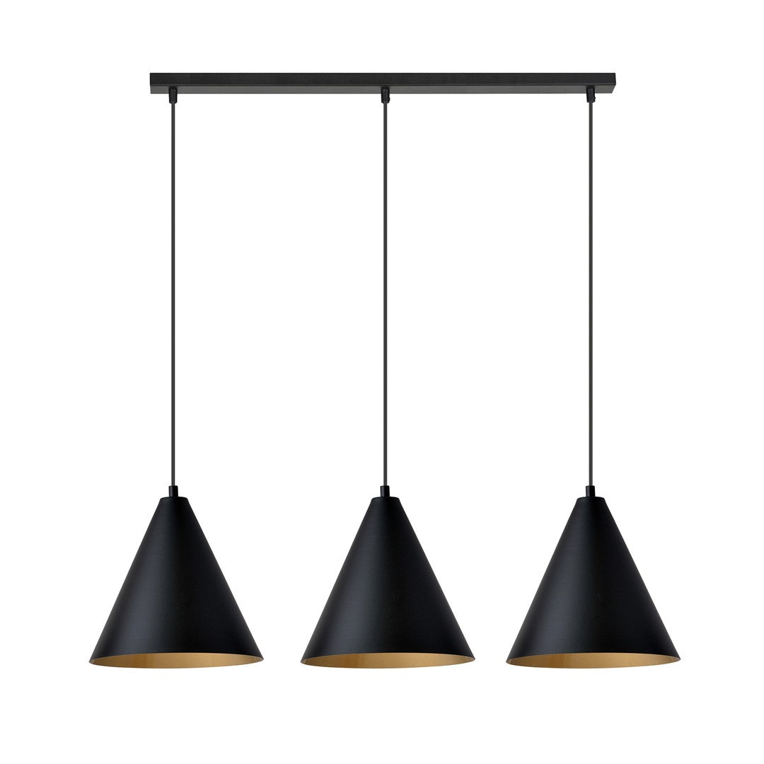 Autre vue de face du luminaire montrant la barre rectangulaire noire et les trois cônes suspendus.