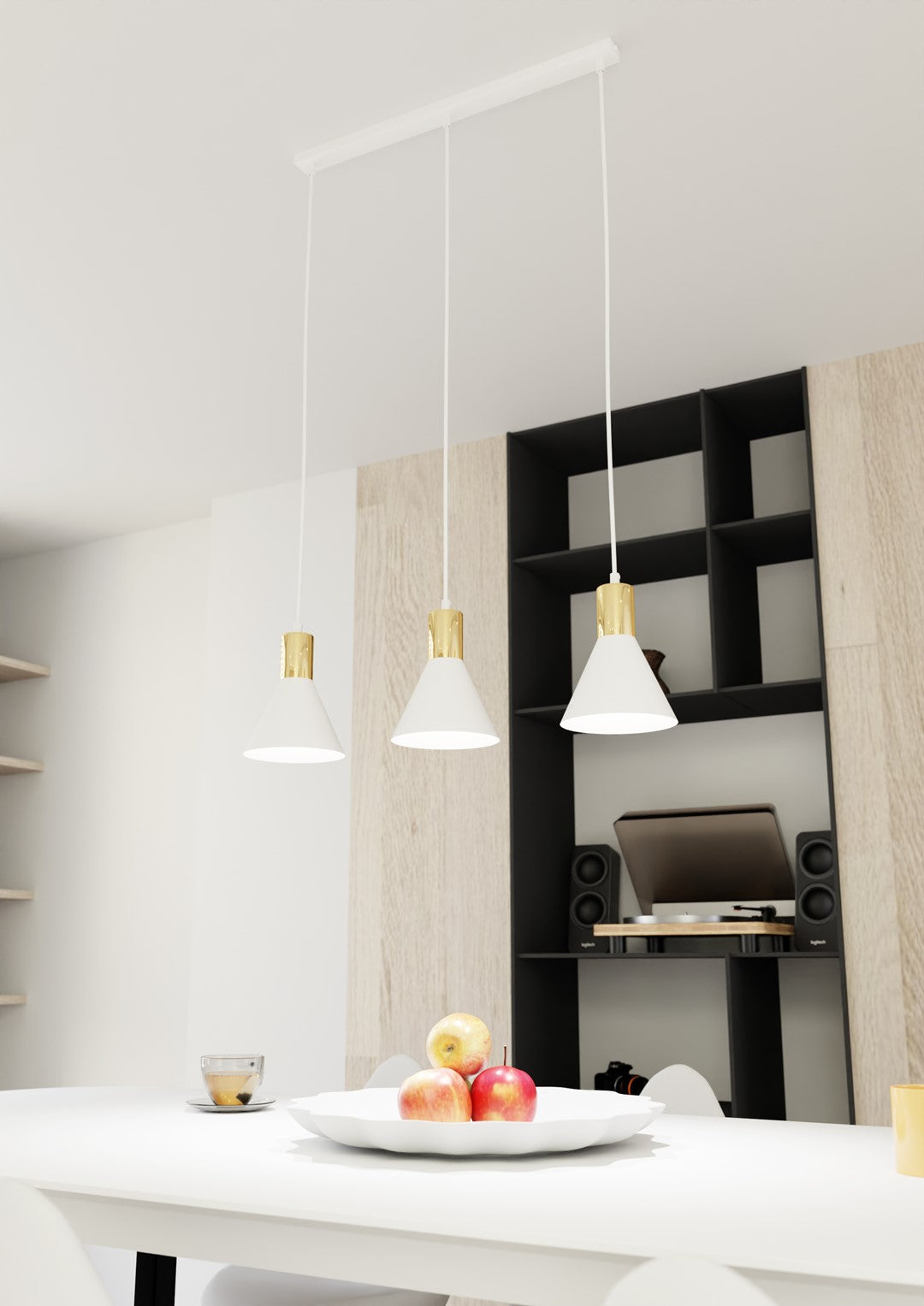 Mise en ambiance au-dessus d'une table blanche, pommes et étagère noire en arrière-plan.