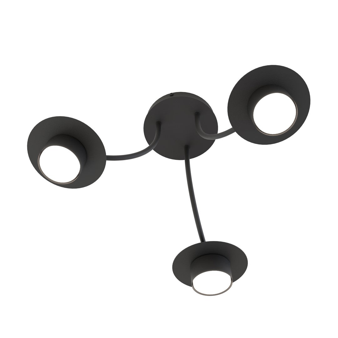 Vue de dessous du luminaire montrant les trois diffuseurs circulaires en métal noir mat