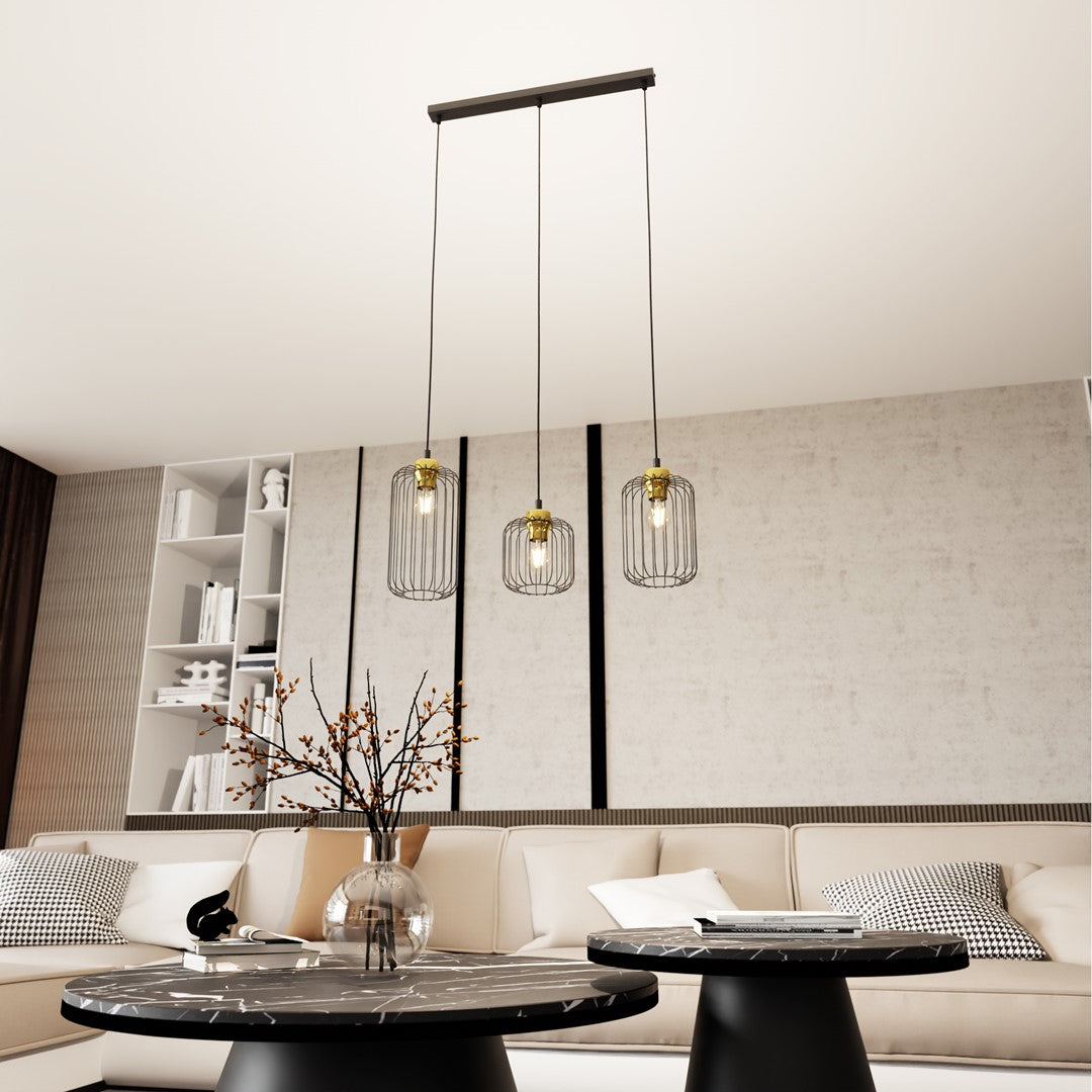 Suspension Vander 3 lumières noire et dorée