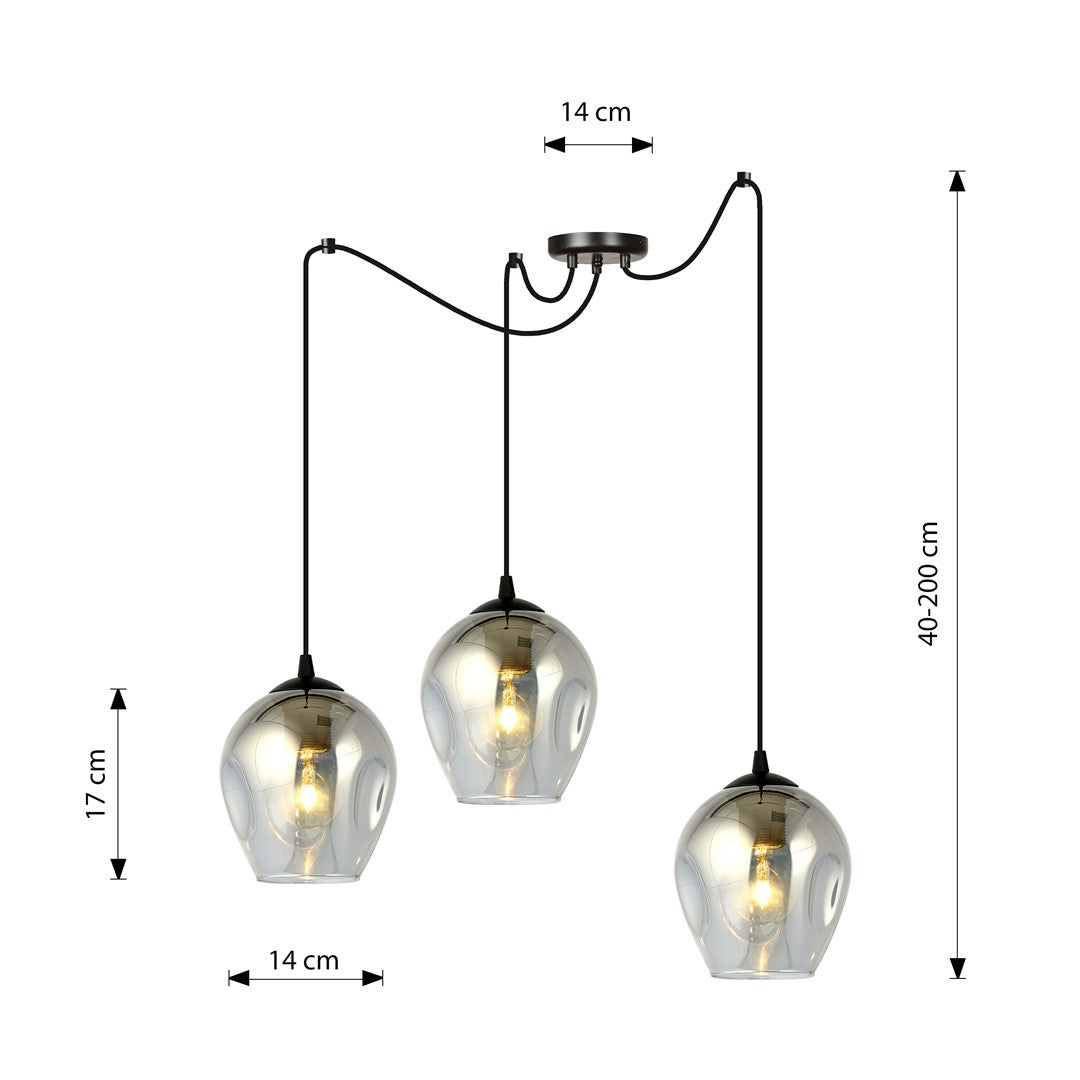 Schéma coté : hauteur 17 cm, diamètre 14 cm, câble réglable de 40 à 200 cm