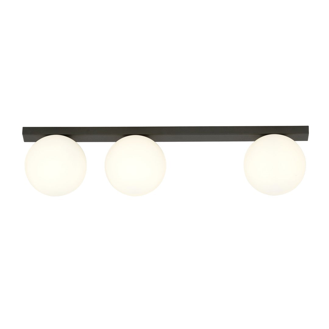 Autre vue de face du luminaire, globes opalins et structure noire rectangulaire.
