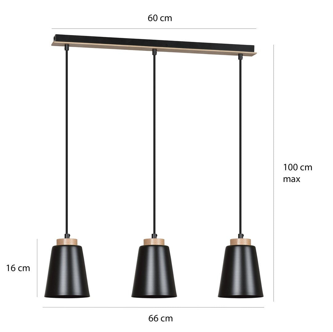 Schéma de dimensions du luminaire avec largeur 60 cm, hauteur max 100 cm et 66 cm.