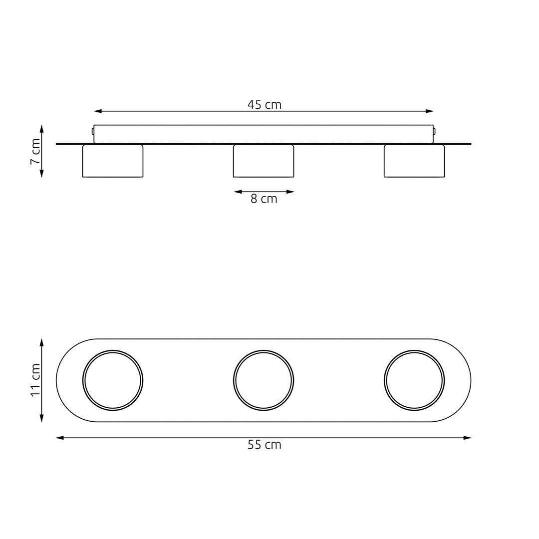 Schéma coté du luminaire : longueur 55 cm, largeur 11 cm, hauteur 7 cm