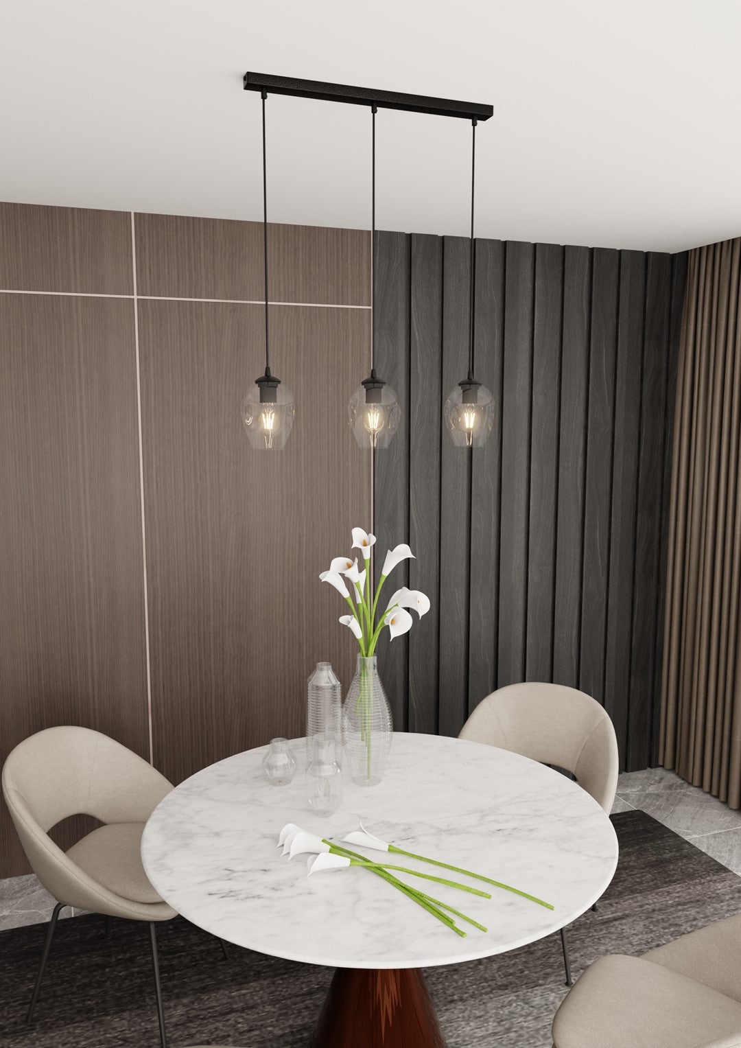 Mise en ambiance salle à manger, suspension au-dessus d'une table ronde en marbre blanc.