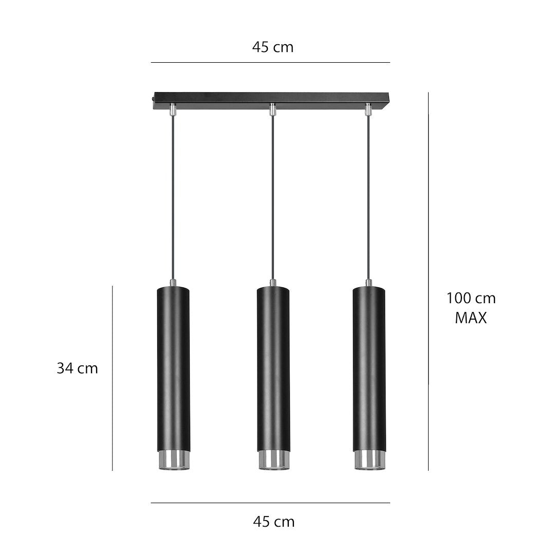 Schéma coté indiquant 45 cm de large, 34 cm de hauteur et 100 cm maximum