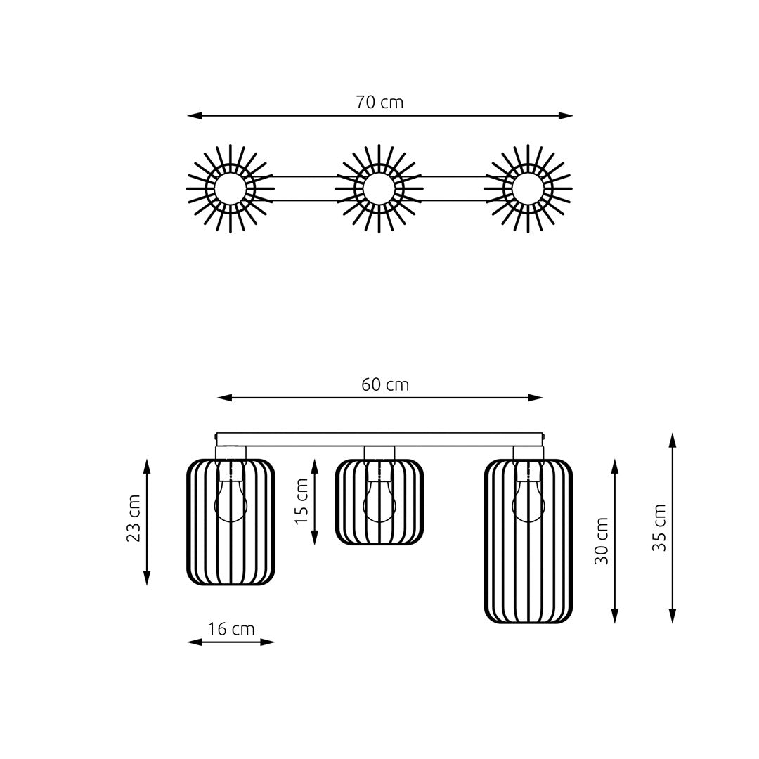 Schéma coté du plafonnier, dimensions en centimètres de la structure
