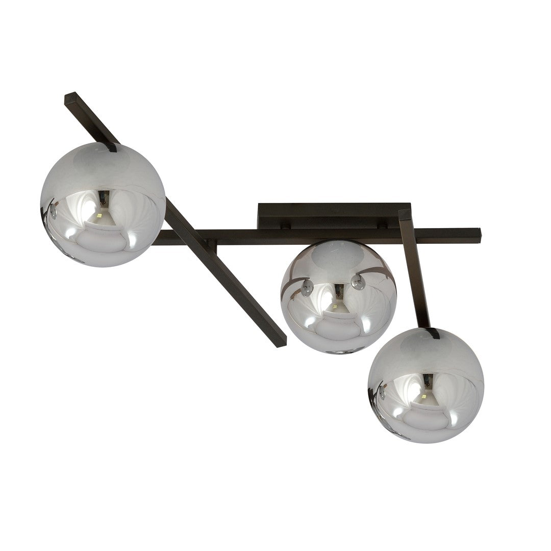Détail du luminaire éteint, verre fumé réfléchissant et structure métallique noire angulaire.