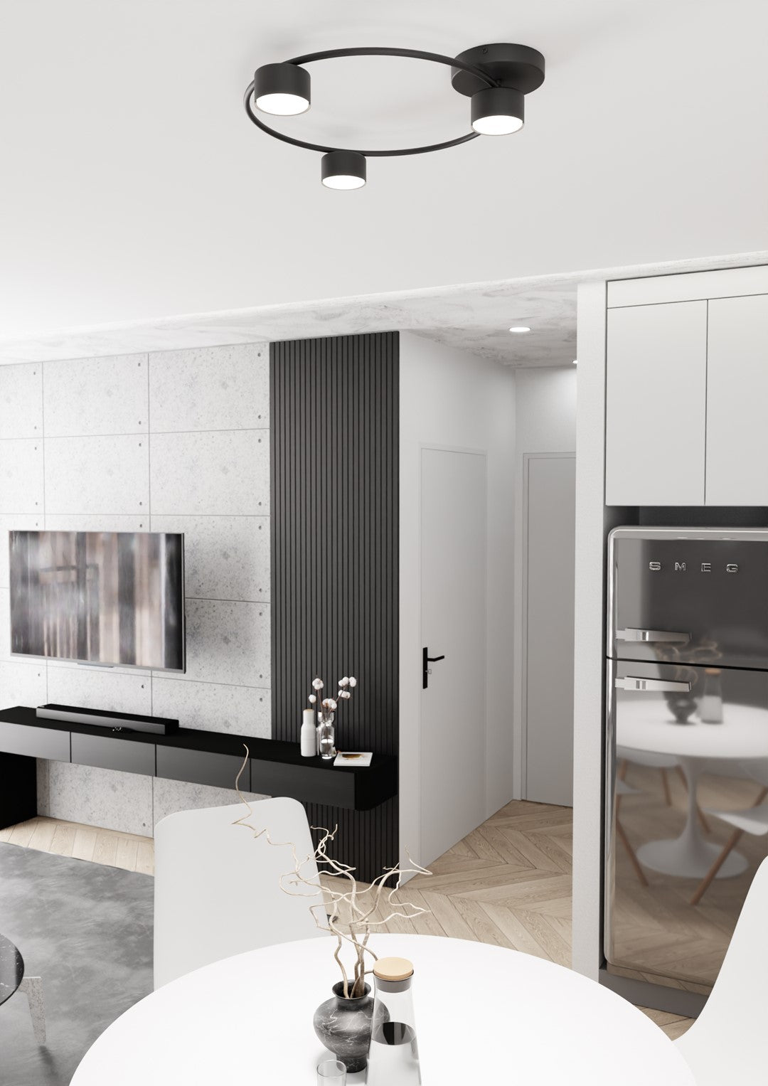 Mise en ambiance cuisine, plafonnier anneau noir fixé au plafond blanc