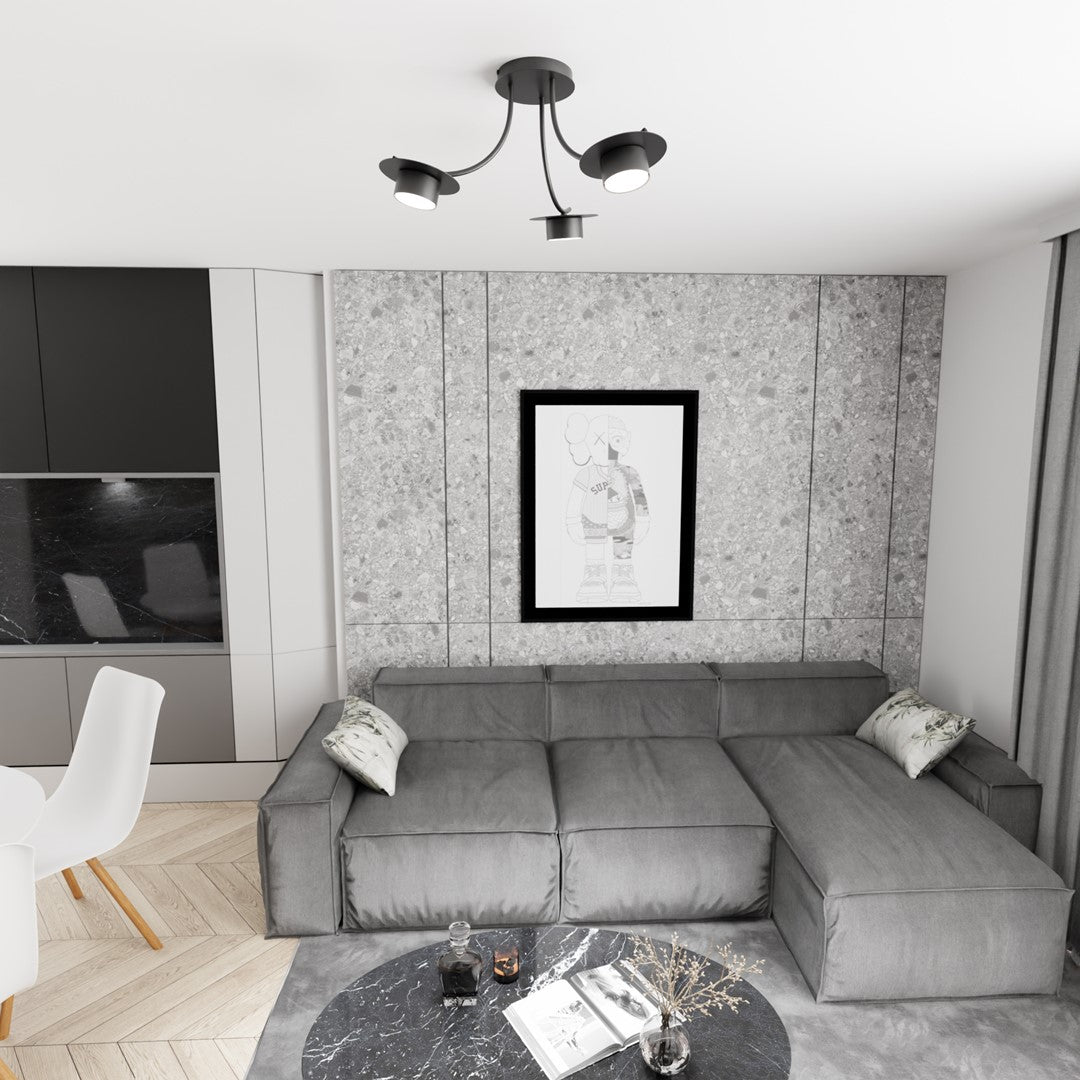 Luminaire noir installé au plafond d'un salon gris contemporain, canapé et cadre visibles